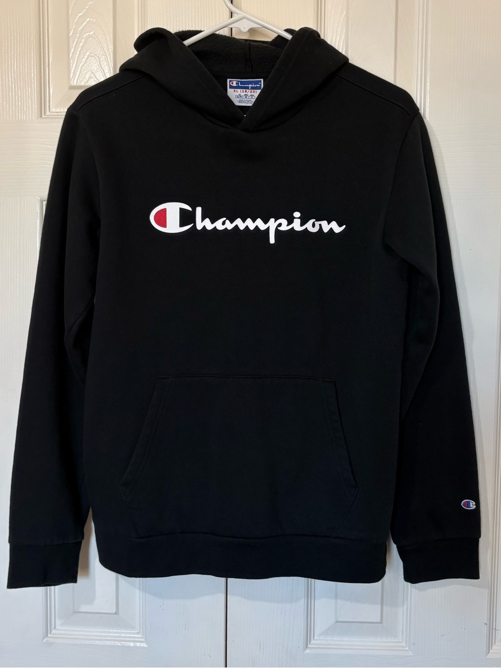 Champion Black Hoodie with White Script and Red Accent